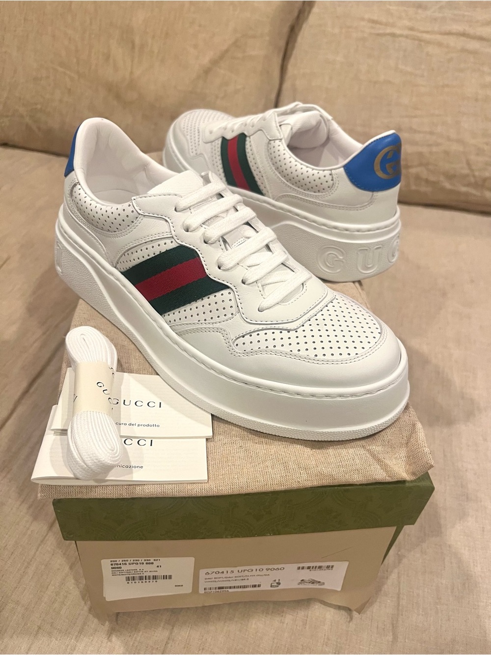 Gucci $1150 Chunky Web GG-Logo Sneaker, White, Size 41